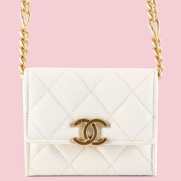 CHANEL, Bags, Chanel Plate Logo Cc Flap Card Holder On Chain Quilted  Caviar Mini